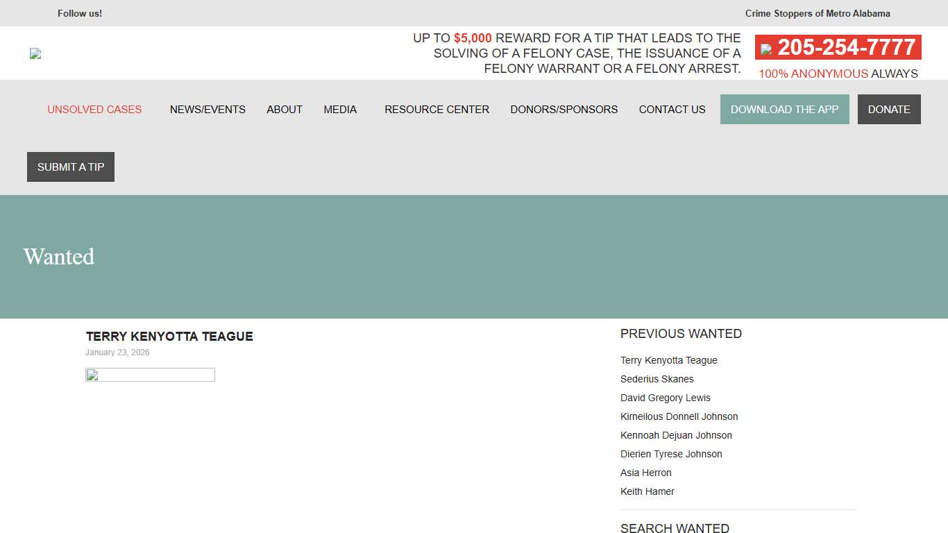 Wanted Criminals – Crime Stoppers of Metro Alabama Anderson