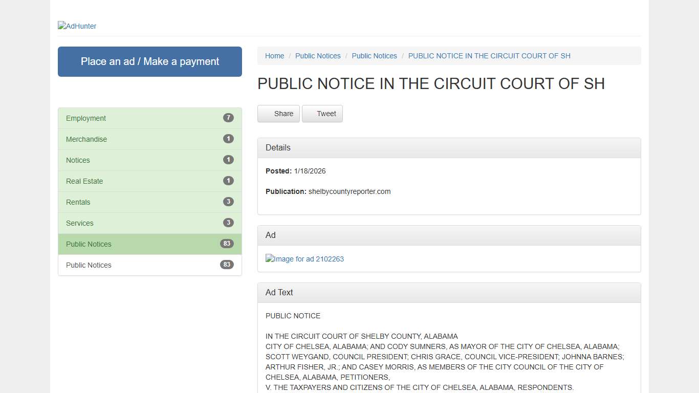 PUBLIC NOTICE IN THE CIRCUIT COURT OF SH - Shelby County Reporter